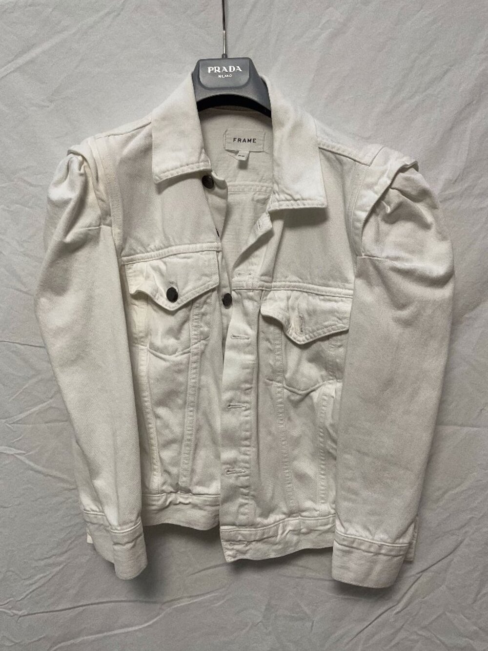 FRAME White Denim Jacket Puff Shoulder Trucker Size M